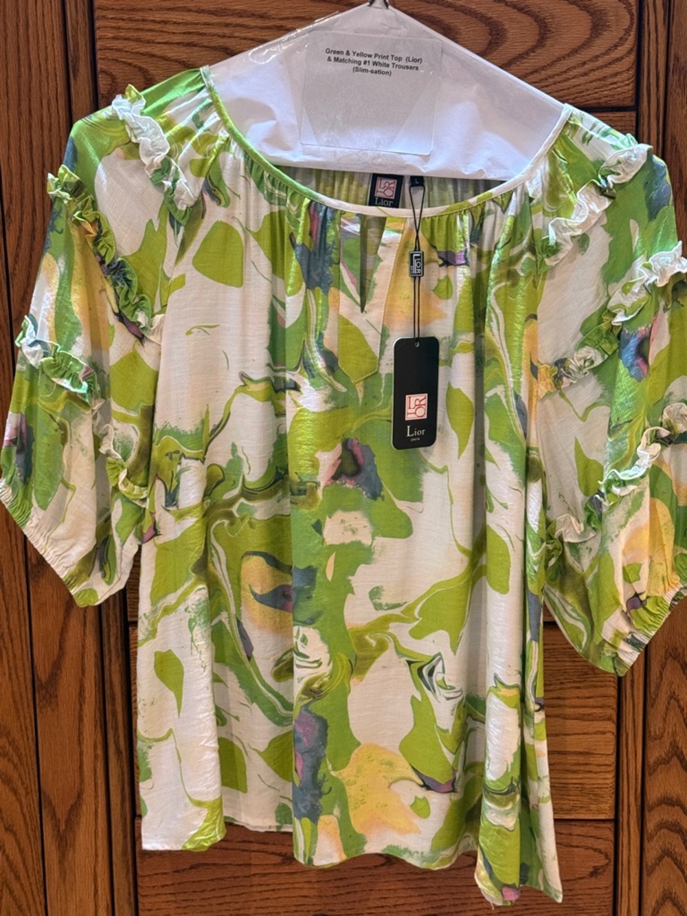 Green & White Printed Ruffle Sleeve Women's Top